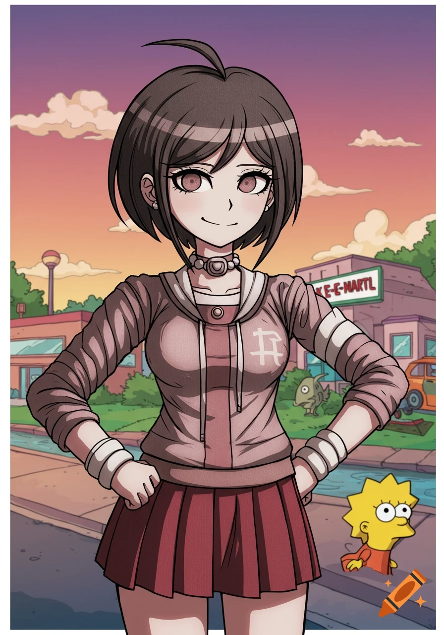 Aoi from Danganronpa in a Simpsons-style suburban street, with Lisa Simpson in the background.