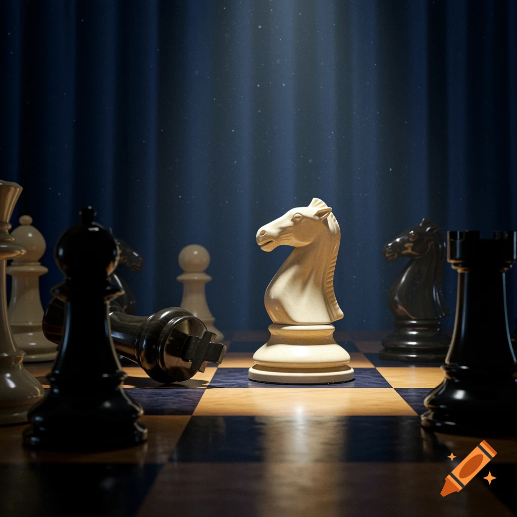 A white knight chess piece stands prominently on a chessboard under a spotlight, surrounded by other chess pieces in a dramatic, realistic style.