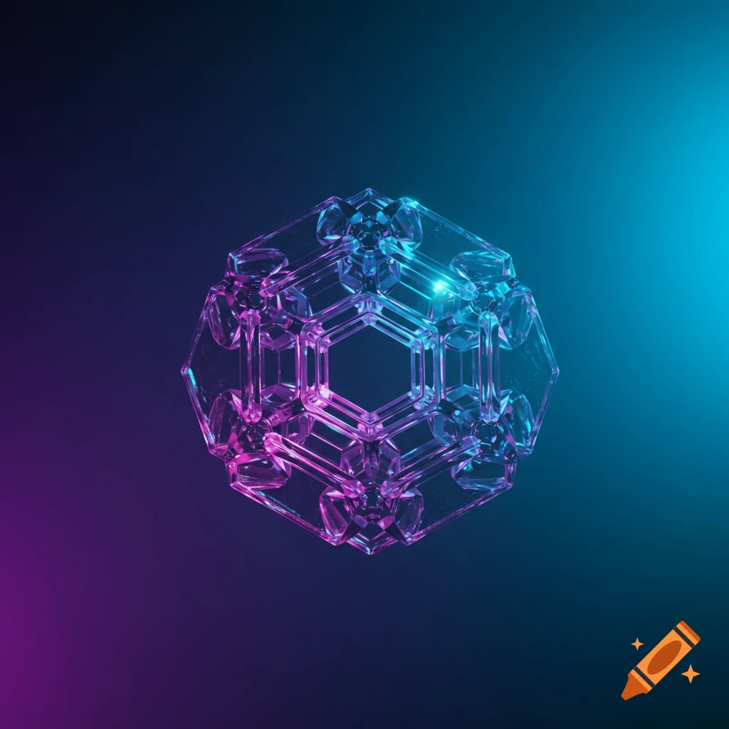 A glowing, translucent geometric structure with hexagonal elements, illuminated by vibrant purple and blue light on a dark background.