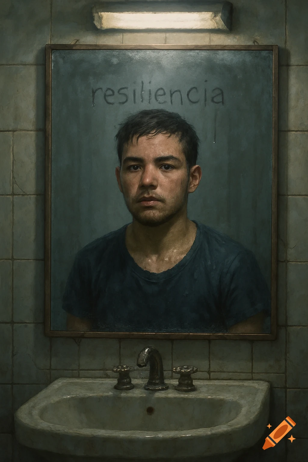 A photorealistic painting shows a serious young person's reflection in a wet bathroom mirror with 'resiliencia' written on it, above a sink.