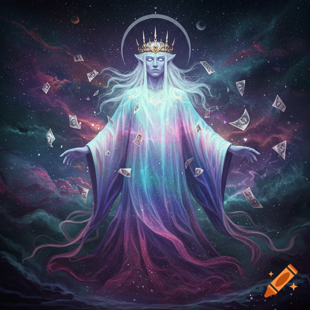 An ethereal, light blue-skinned being with white hair and a golden crown floats in a cosmic, nebulous background, surrounded by swirling energy and floating paper bills.