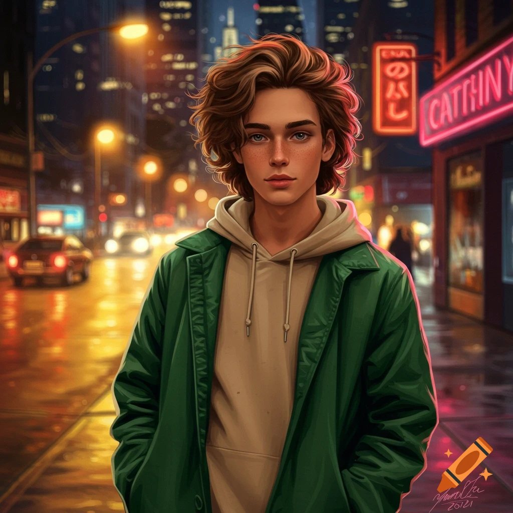 A stylized portrait of a young person with curly brown hair and freckles, wearing a green jacket and beige hoodie, standing on a city street at night with neon signs.