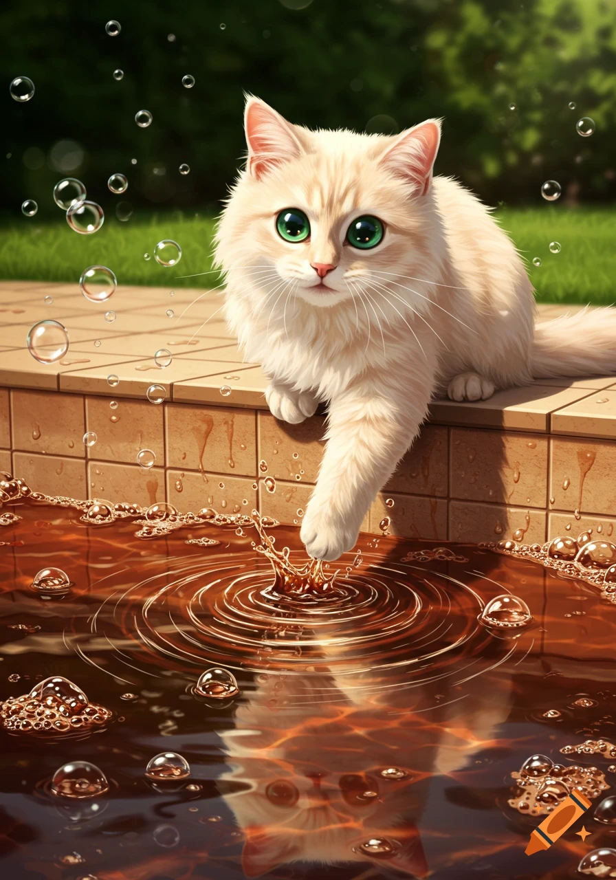 A fluffy light orange cat with bright green eyes dipping a paw into a dark, bubbly pool with ripples.