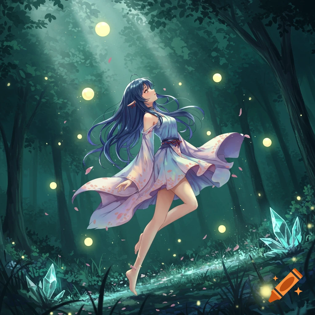 An anime girl with long blue hair and a flowing dress levitates in a magical forest with glowing orbs and crystals.