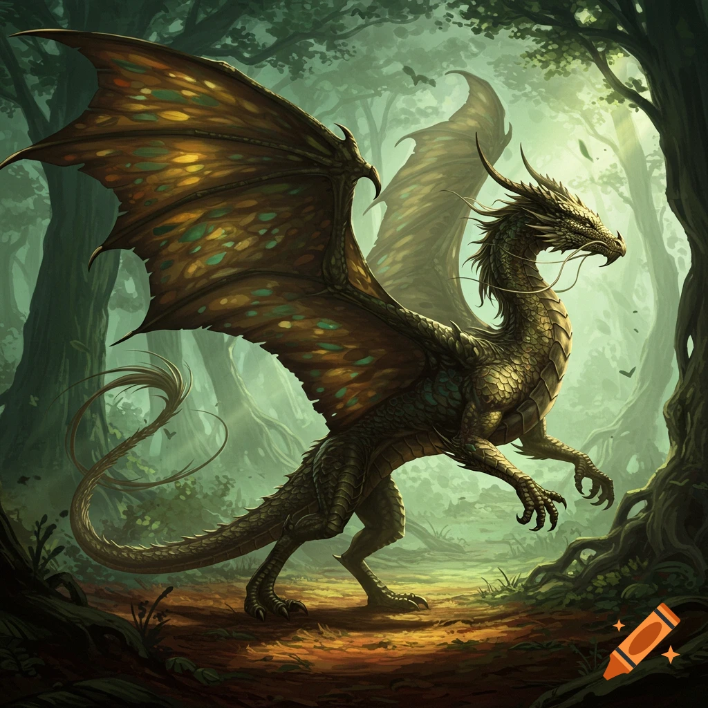 A large, green-scaled dragon with patterned wings stands in a sunlit, green forest.