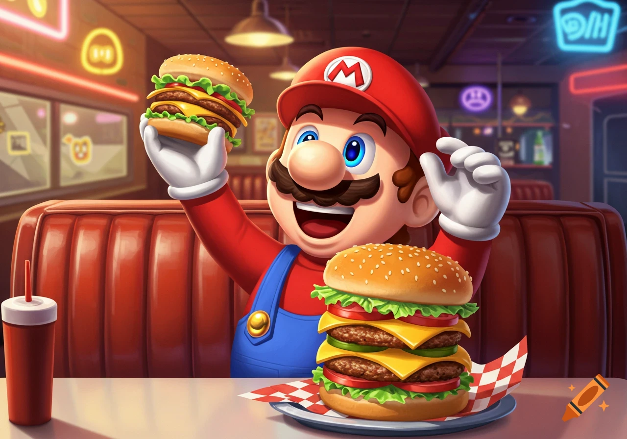 Mario happily holding a burger in a retro diner, with another large burger on the table next to a red cup.