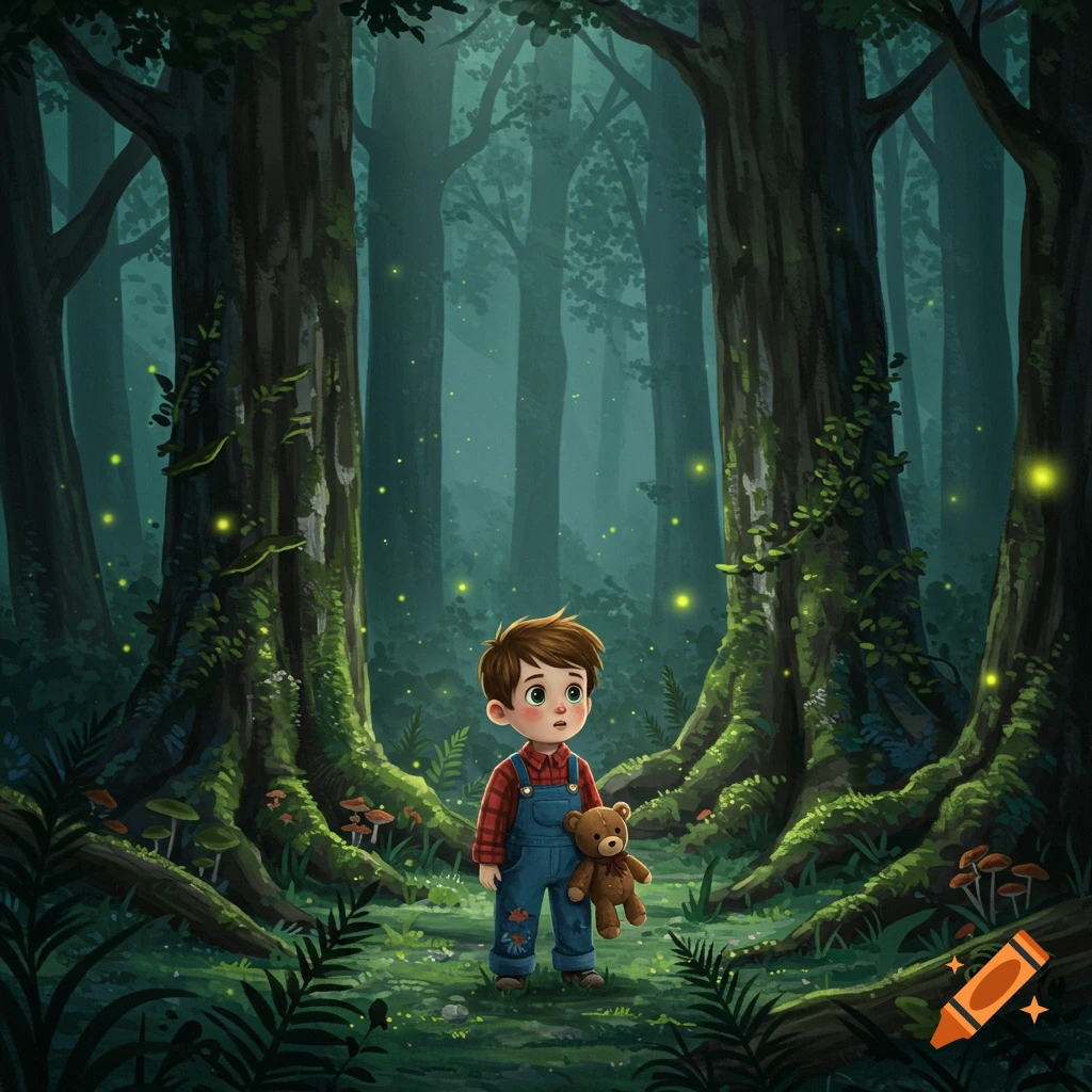 A wide-eyed boy in overalls holds a teddy bear, standing in a magical, dark green forest with glowing fireflies.