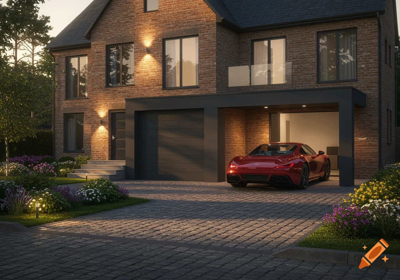 Photorealistic image of a modern brick house with a red sports car parked in the garage, a paved driveway, and landscaped front yard.