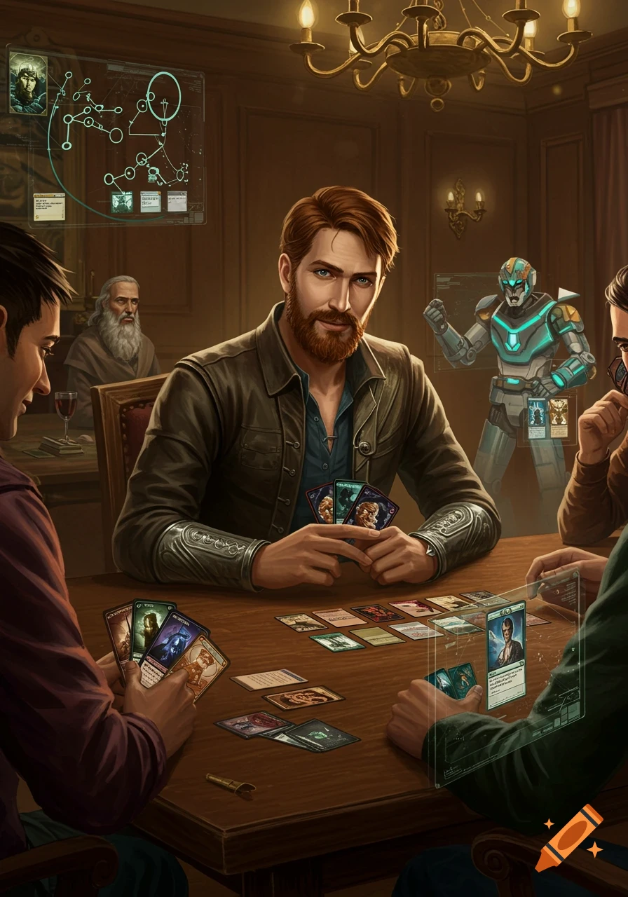 Four people play a holographic card game at a table, with a red-bearded man in the foreground holding cards and a glowing robot standing behind him.