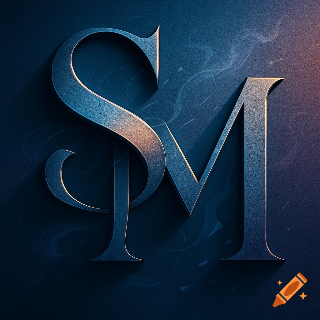 Stylized, metallic letters 'S' and 'M' in an elegant serif font, casting shadows on a dark blue textured background with subtle light wisps.