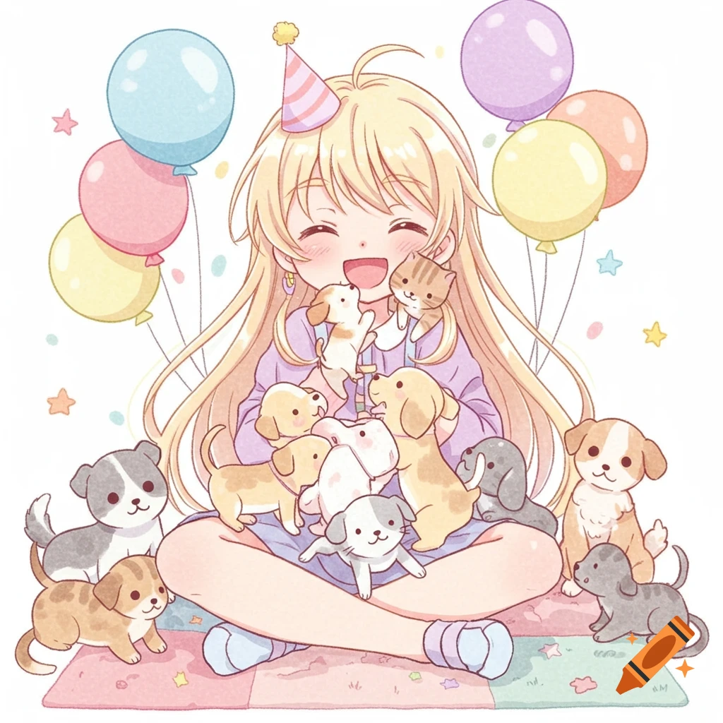 A cheerful anime girl with long blond hair sits cross-legged, surrounded by playful puppies and kittens, with colorful balloons, suggesting a birthday party.