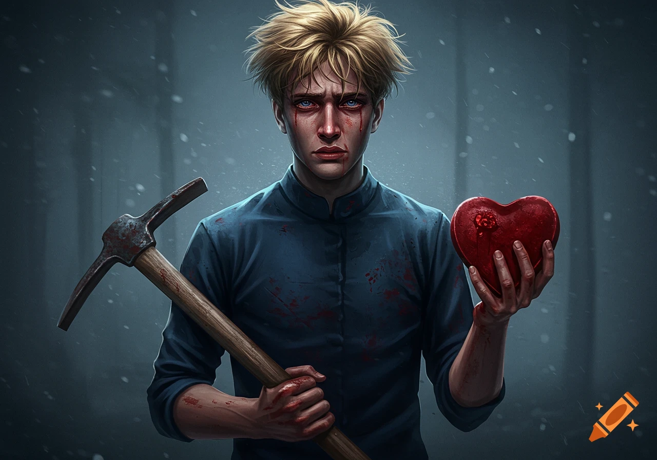 A somber blonde man with blood on his face holds a bloody heart-shaped box and a pickaxe in a snowy, dark setting, stylized art.