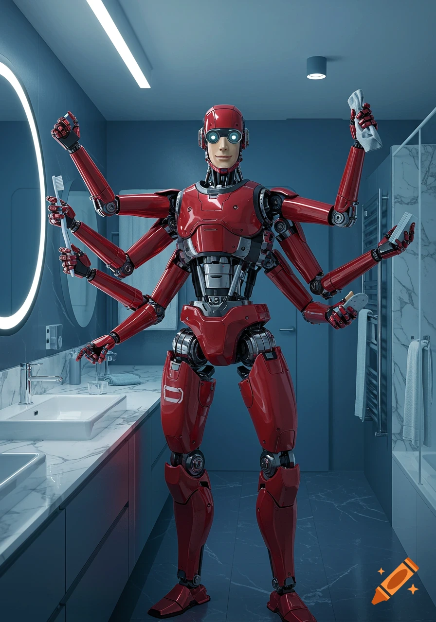 A multi-armed red robot with a human-like face stands in a modern bathroom, holding a toothbrush, cloth, and sponge.