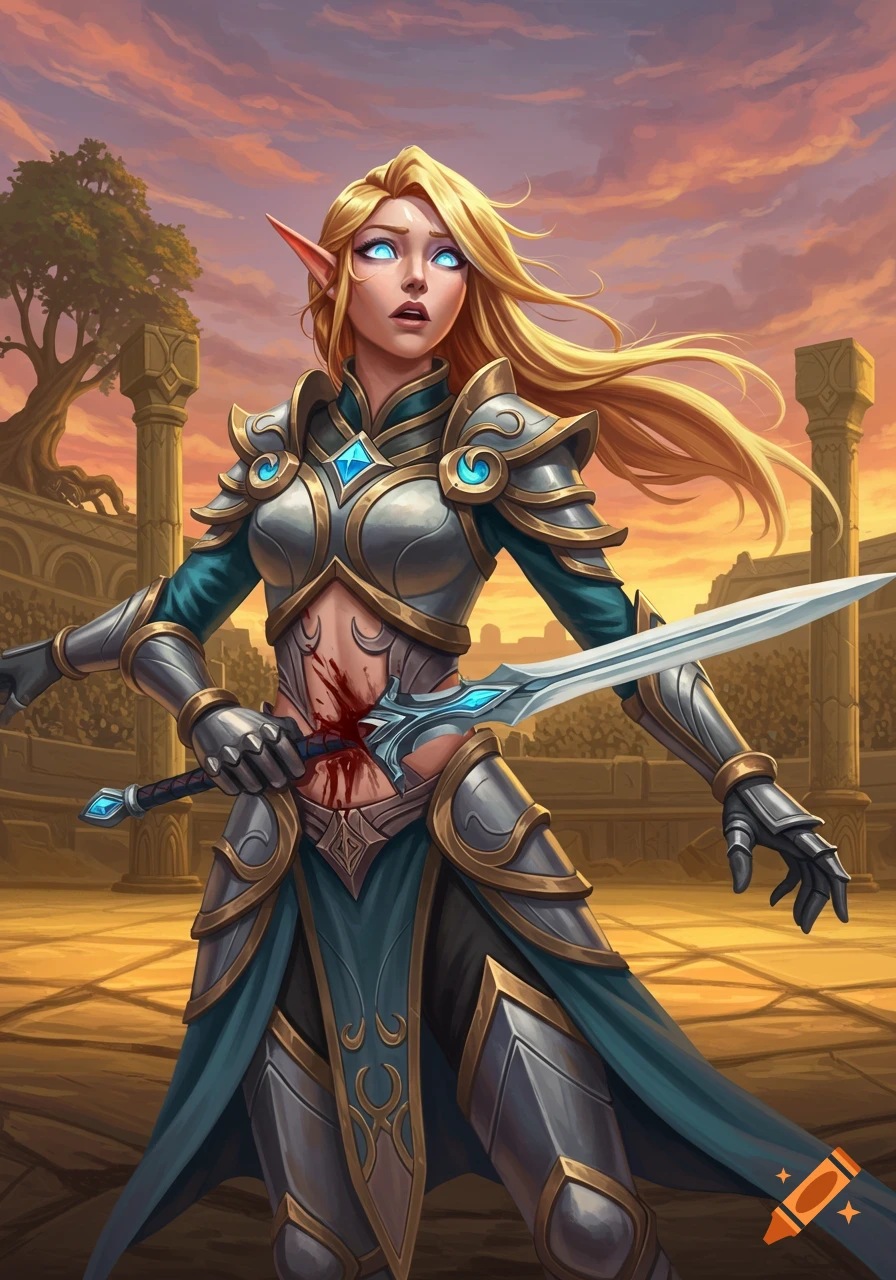 A stylized blonde elf warrior in ornate armor is stabbed in the stomach with a glowing blue sword, bleeding, looking shocked in an arena at sunset.