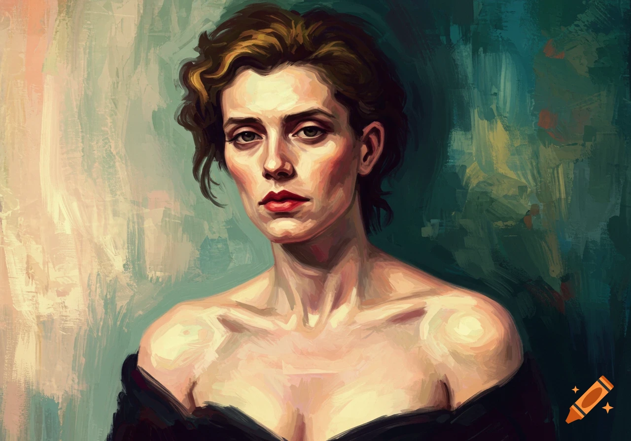Painterly portrait of a woman with dark curly hair and red lips, in a dark dress, against a textured blue and yellow background.