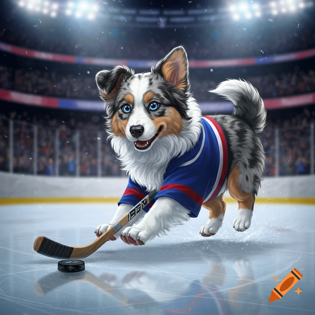 An illustrated Australian Shepherd puppy with blue eyes plays hockey on an ice rink in a brightly lit stadium.