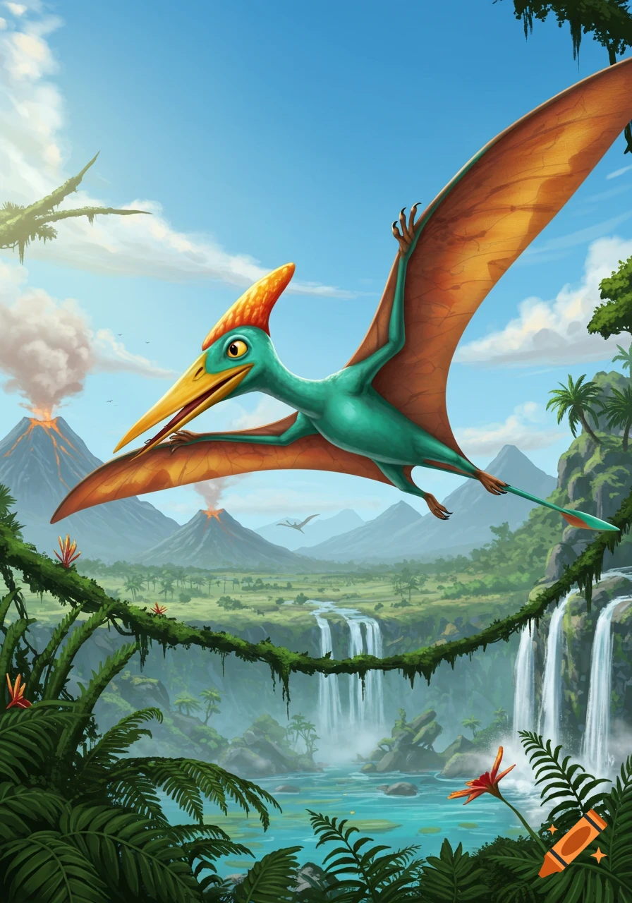 A cartoon pterodactyl with green body and orange wings flies over a prehistoric landscape with waterfalls and volcanoes.