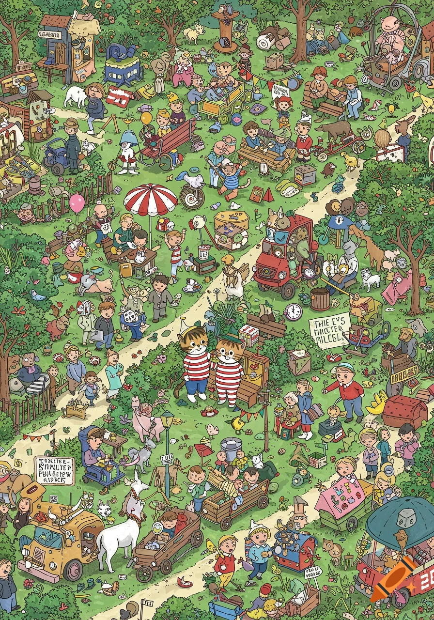 Highly detailed colorful cartoon park scene, full of quirky animals and people in a 'Where's Wally' puzzle style, with hidden cats.