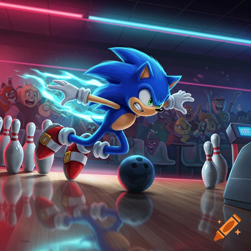 Sonic the Hedgehog speeds towards a bowling ball in a neon-lit alley, ready to bowl, with a cheering crowd behind him.