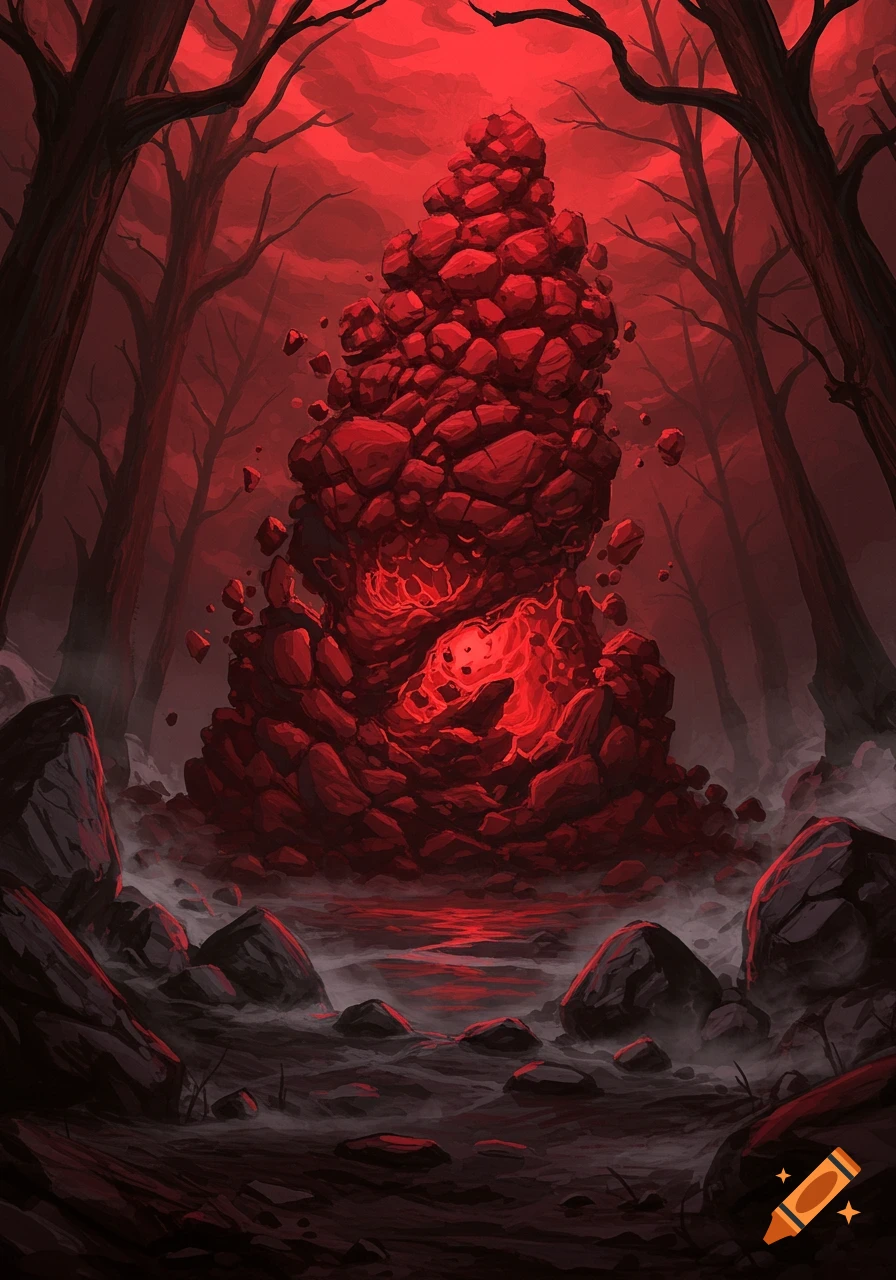 A towering, glowing red chunky substance in a dark, ominous forest under a red sky.