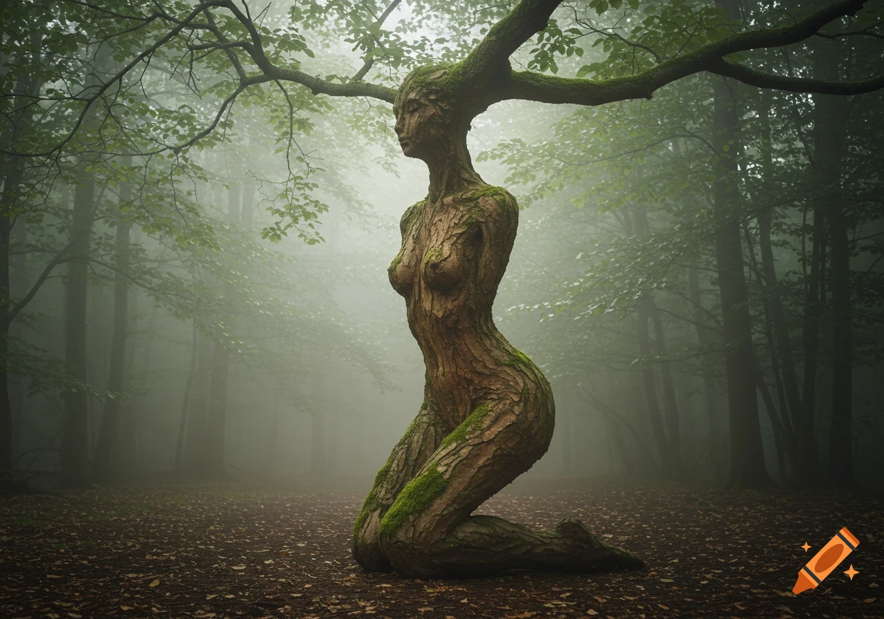 A mythical tree trunk figure resembling a kneeling woman with branches extending from her head and shoulders, in a misty forest.
