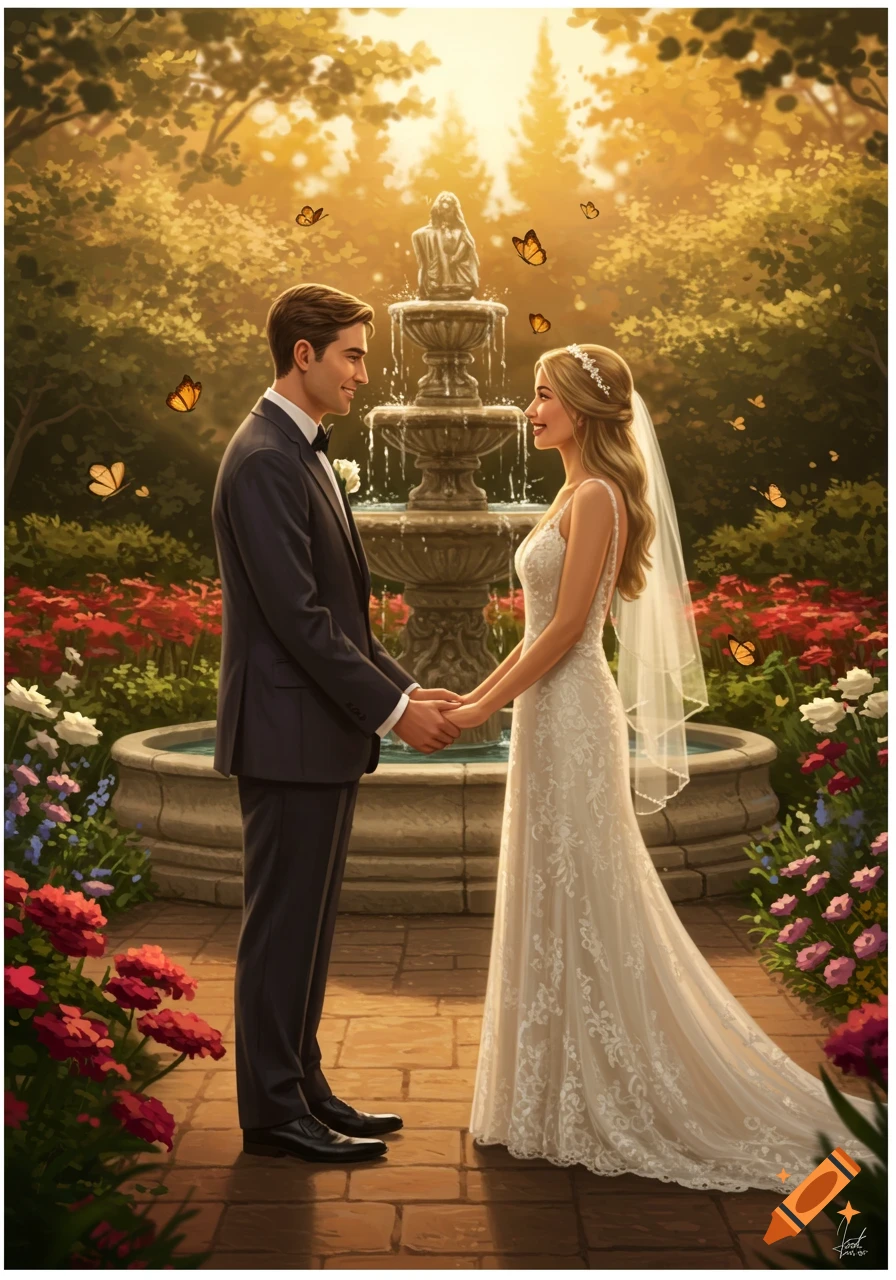 A smiling bride and groom hold hands in a lush garden with a fountain, surrounded by butterflies and flowers.