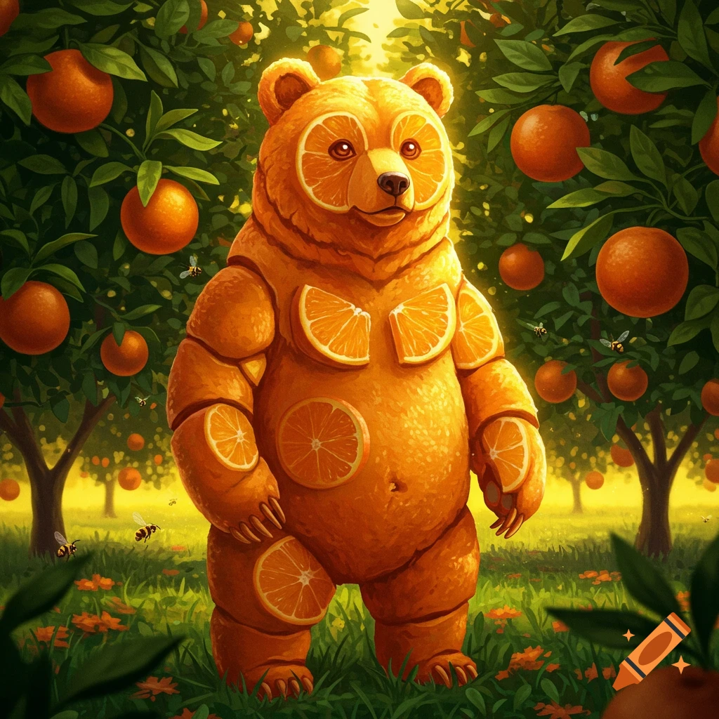 A whimsical bear made of oranges stands in a vibrant orange grove with bees flying around, bathed in golden sunlight.