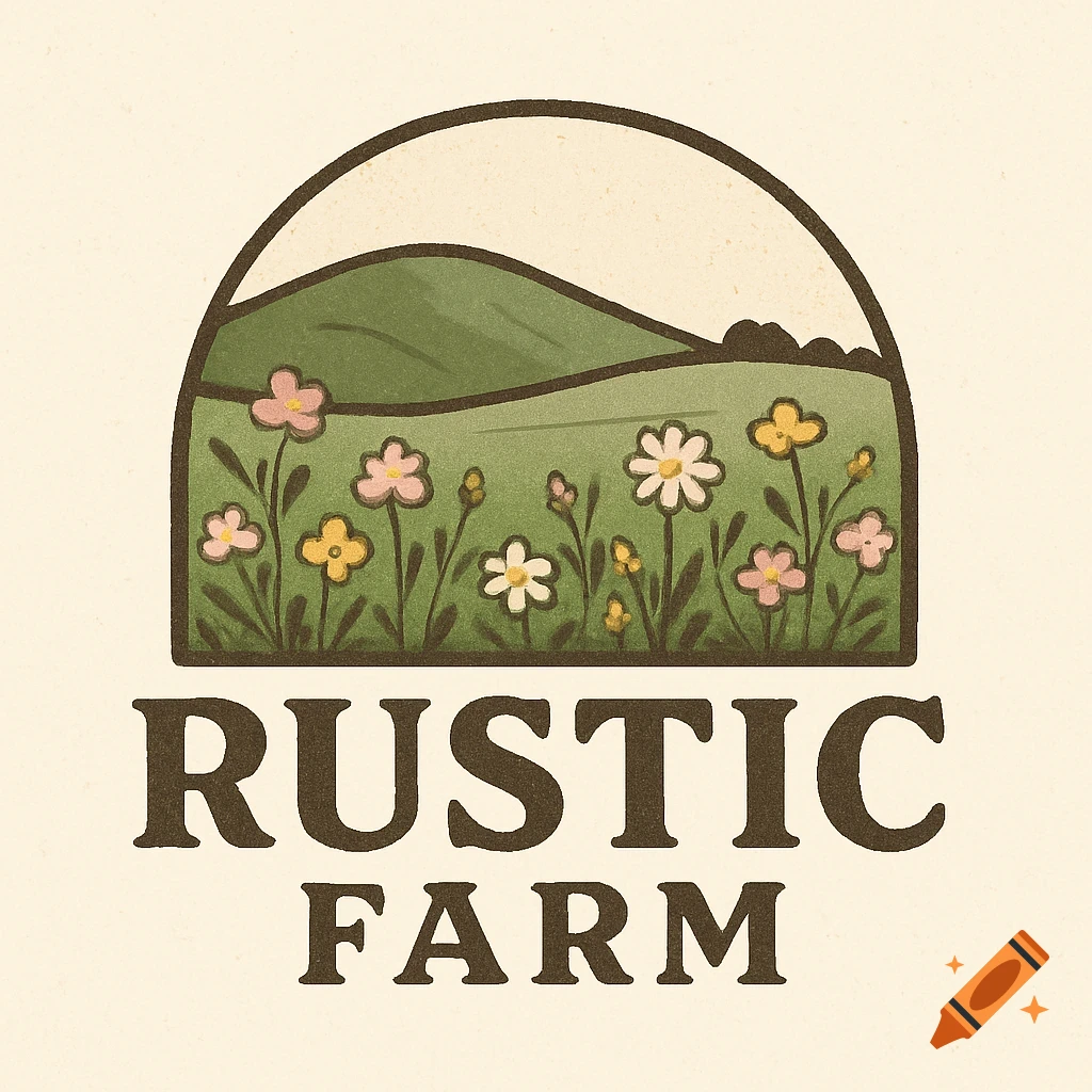 Rustic farm logo with a meadow of colorful flowers and a green hill under a cream-colored sky in an illustrated style.