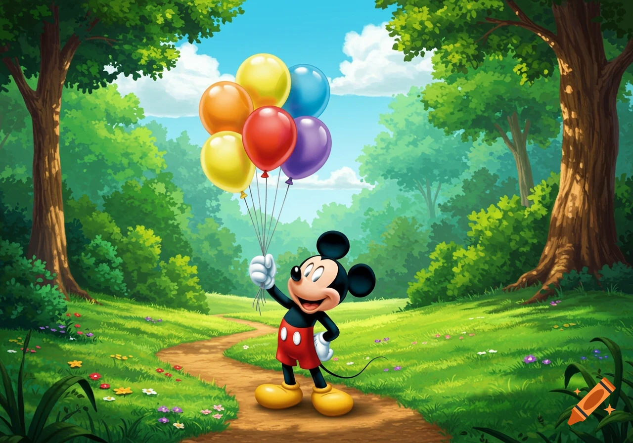 Mickey Mouse stands on a brown trail in a vibrant green forest, holding a colorful bunch of balloons under a blue sky with clouds. Cartoon style.