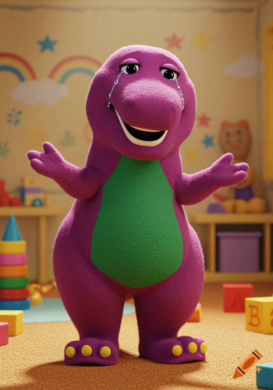 A purple dinosaur, Barney, stands crying with arms outstretched in a colorful children's playroom.