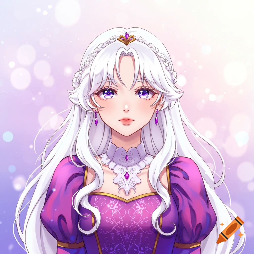A young princess with long white hair, purple eyes, and a purple dress in an anime style.