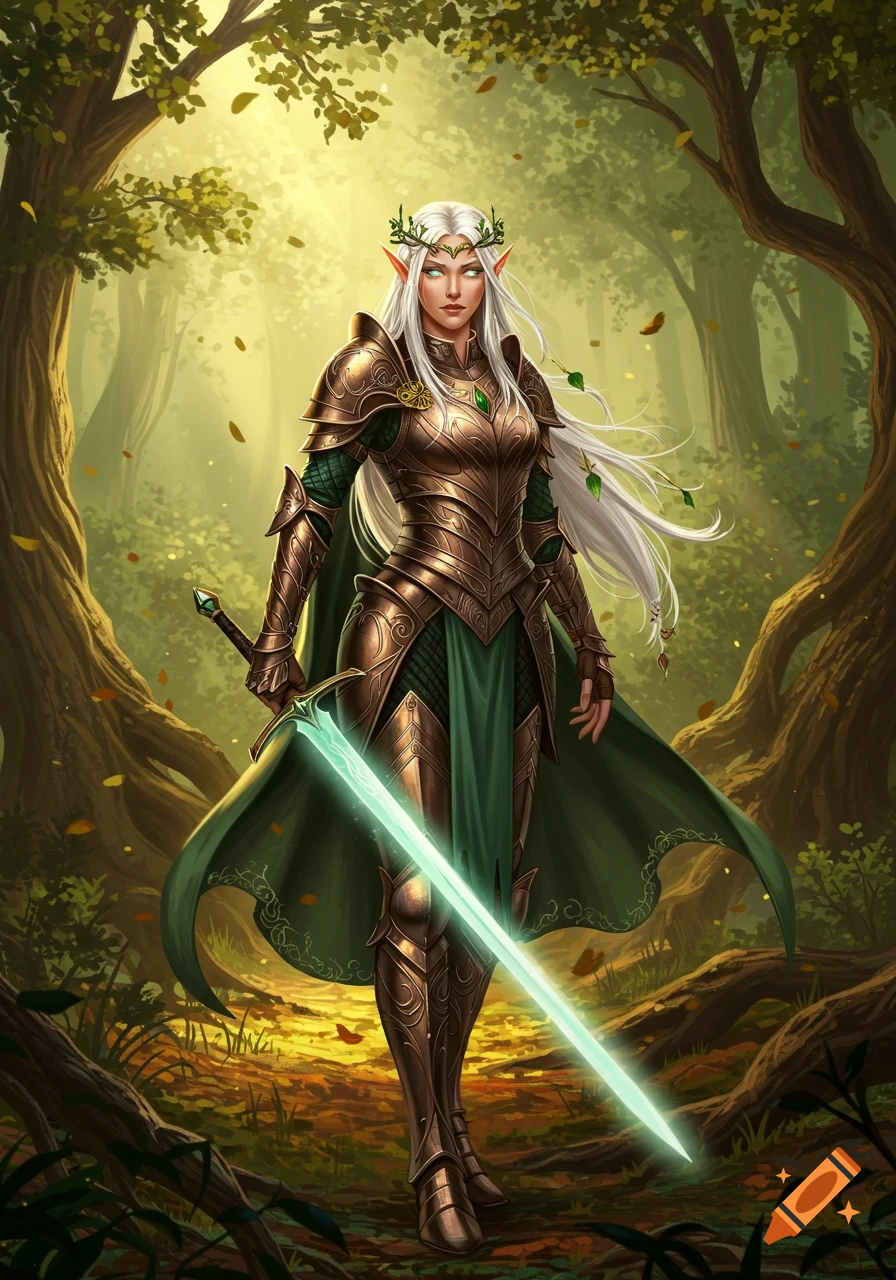 A female elf warrior with long white hair and a crown, wearing golden armor and a green cloak, stands in a magical forest with a glowing sword.