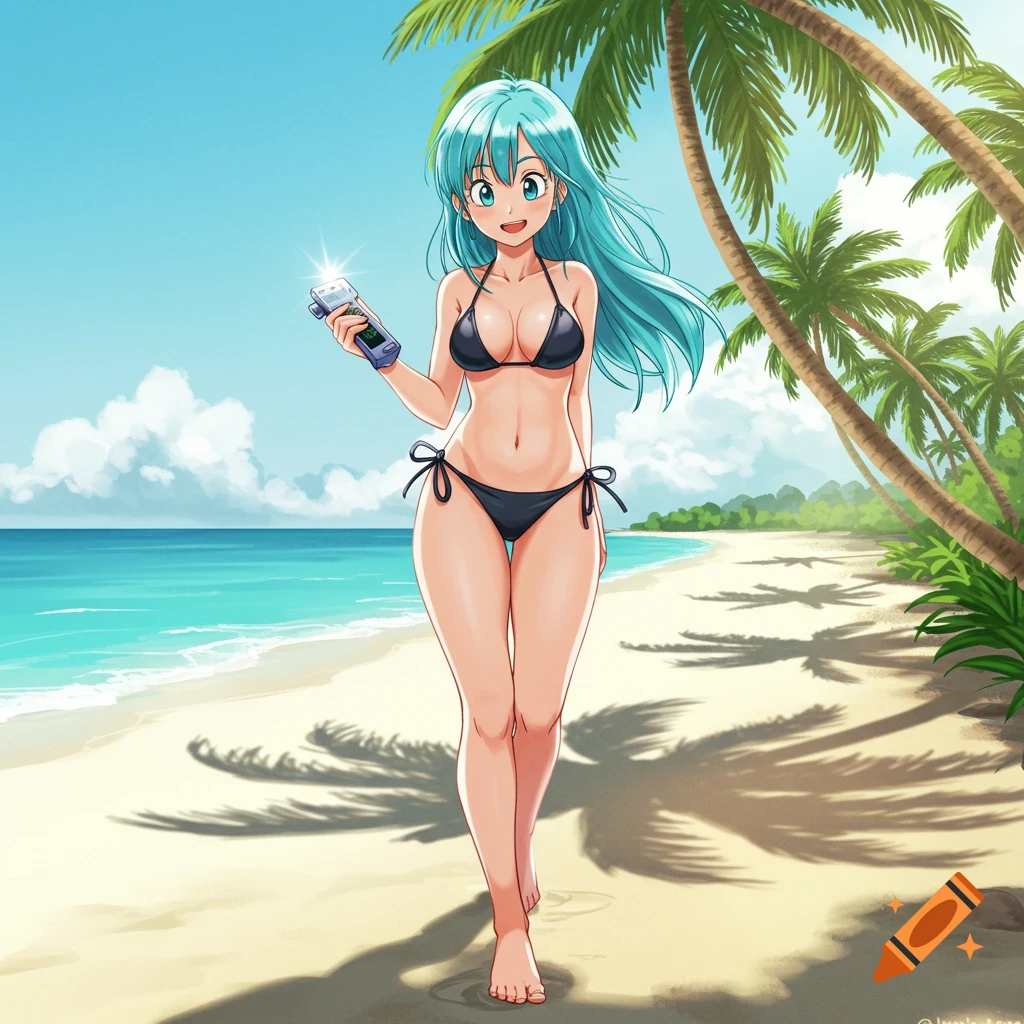 An anime girl with blue hair in a black bikini walks on a sunny beach, holding a small device.