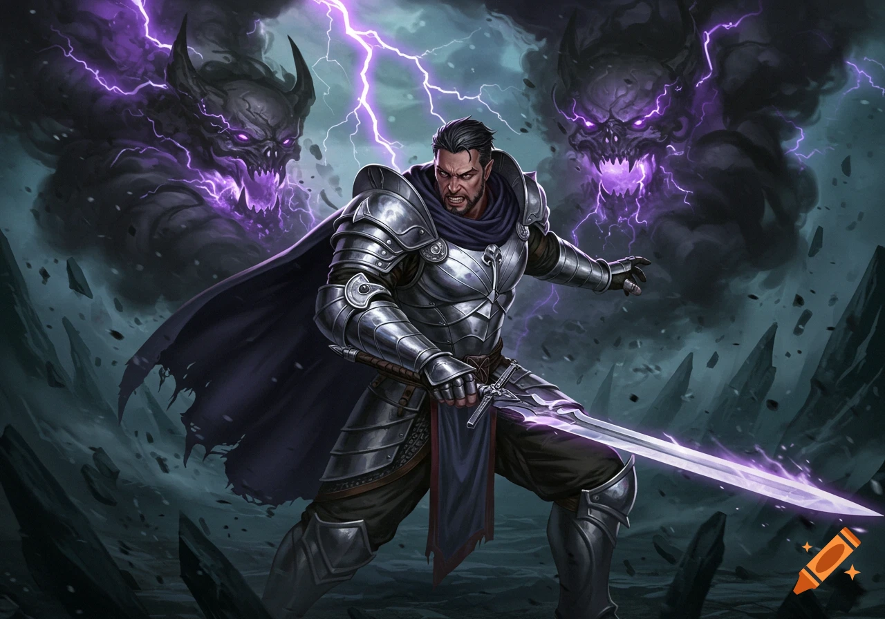 A man in silver armor wields a glowing sword, fighting shadowy purple monsters amidst lightning in a rocky fantasy landscape.