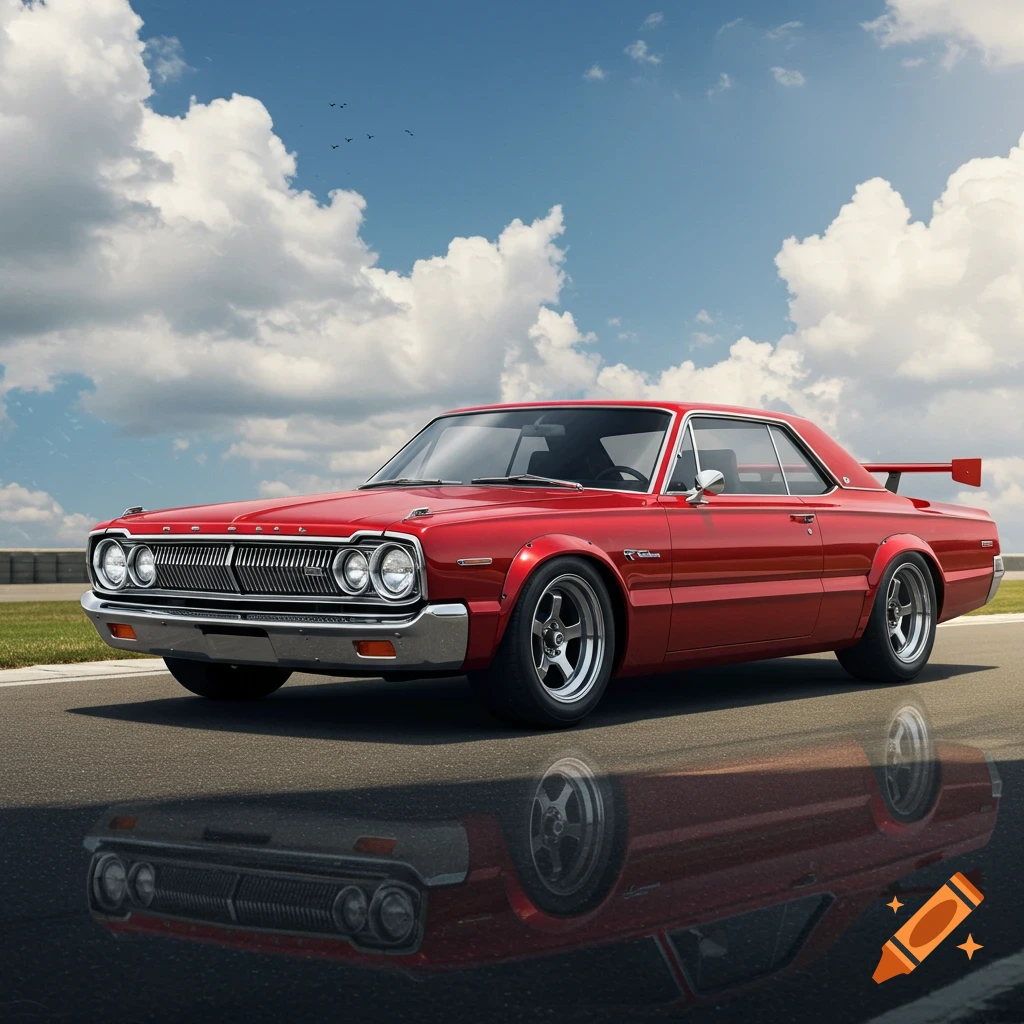 A photorealistic image of a red classic car with custom wheels and a rear spoiler, parked on asphalt with a reflection, under a cloudy blue sky.