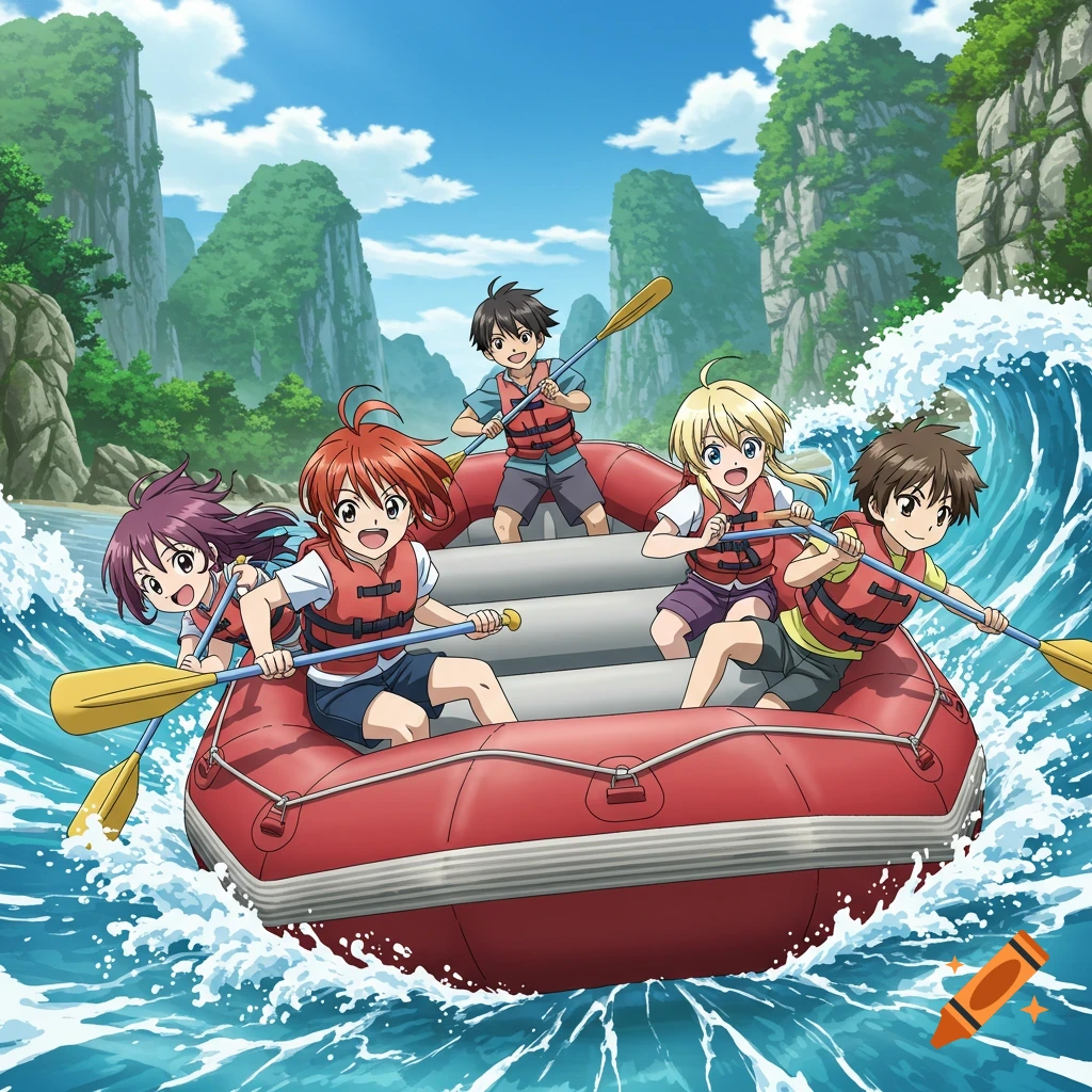 Anime style illustration of five children rafting down a river with mountains in the background.