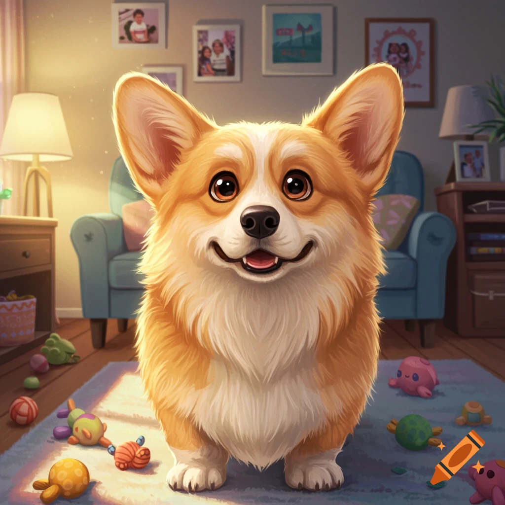 A cute, fluffy corgi with a happy expression sits on a rug in a sunlit living room surrounded by toys.