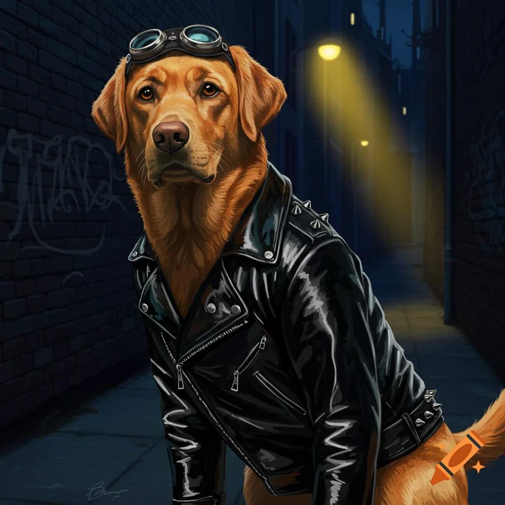 A fox red labrador dog wearing a black leather biker jacket and goggles sits in a dark, graffiti-covered alleyway under a street light. Digital art.