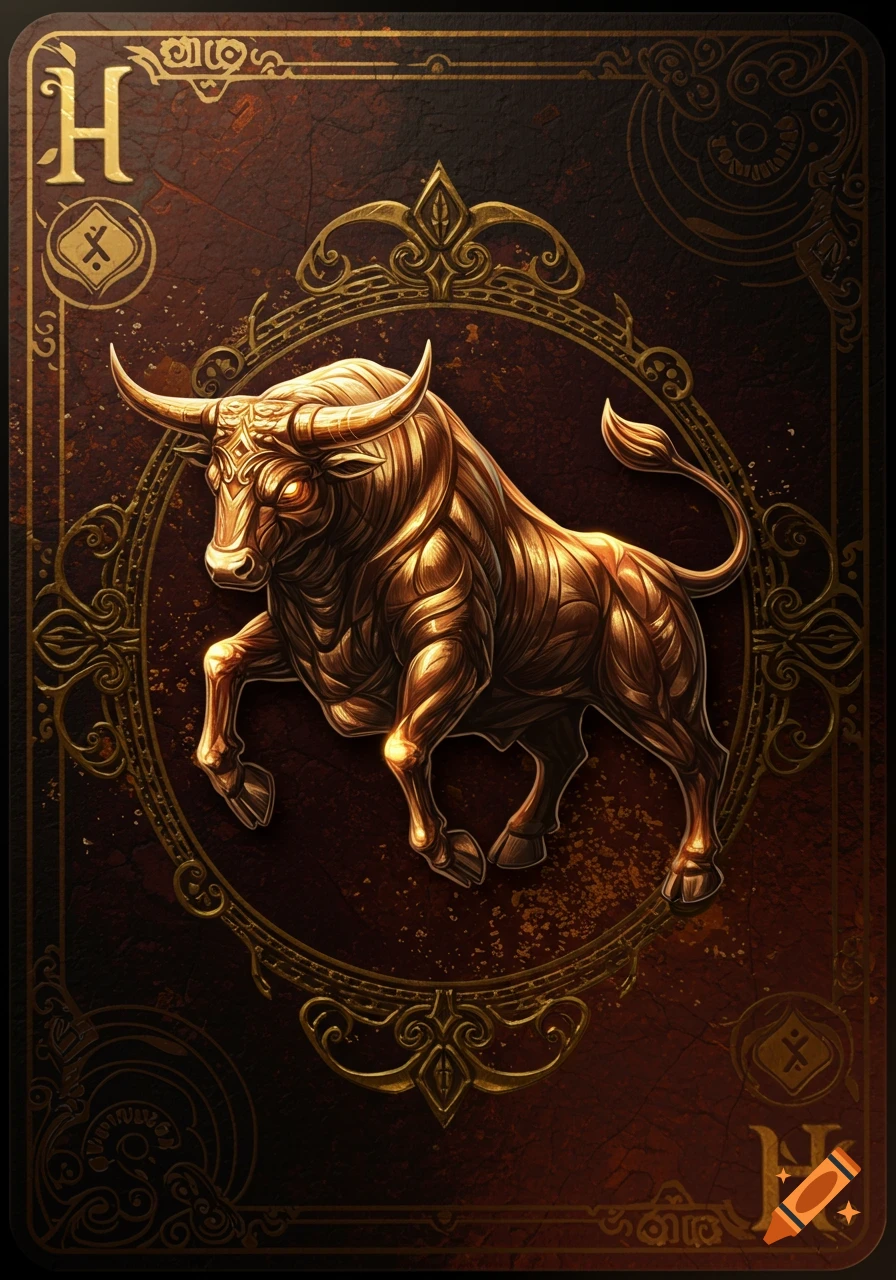 A golden, ornate bull stands within a decorative frame on a dark red playing card with a golden 'H' in the corners.