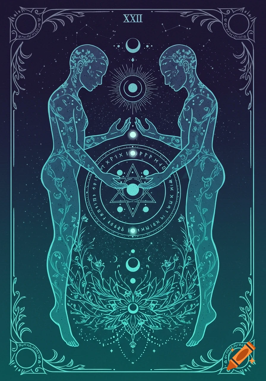 A mystical tarot card design featuring two teal-outlined ethereal figures with vine tattoos, connecting hands around a glowing star, set against a starry background with celestial motifs.