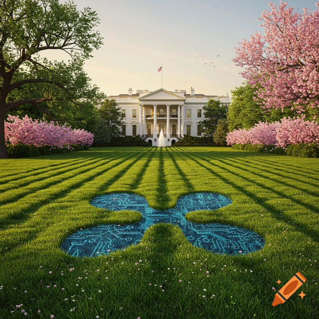 Photorealistic image of the White House lawn with the blue XRP logo etched into the green grass, surrounded by trees and pink cherry blossoms.