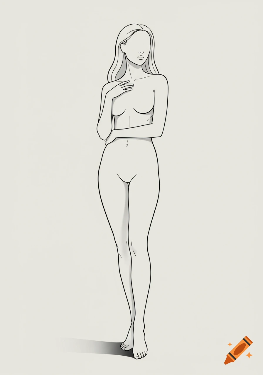 Line art drawing of a standing female figure with long hair and a modest pose.