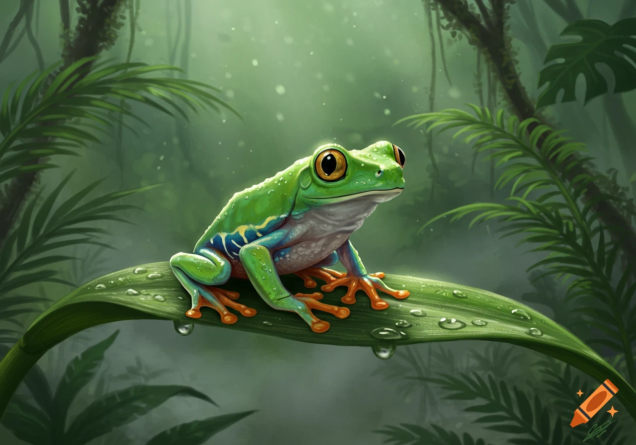 A vibrant green frog with orange toes and colorful markings sits on a large leaf covered in water droplets in a misty rainforest.
