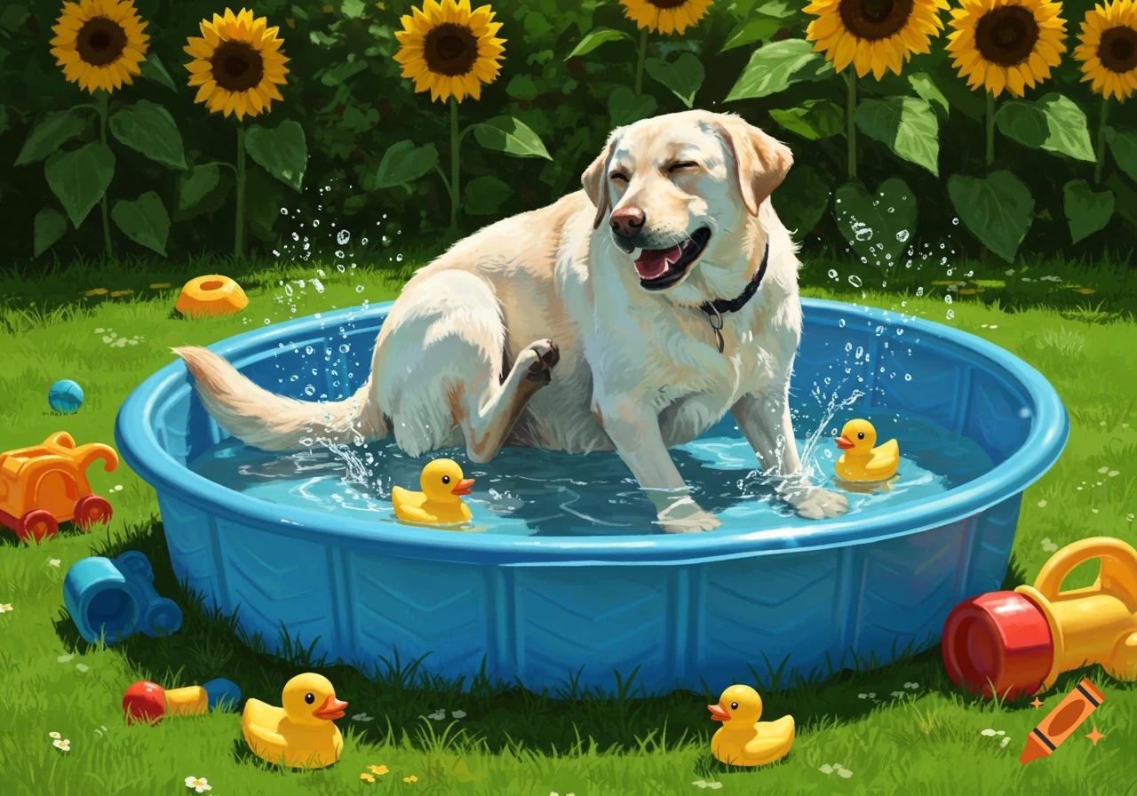A happy white Labrador dog splashes in a blue kiddie pool, surrounded by rubber ducks in a sunny yard with sunflowers.