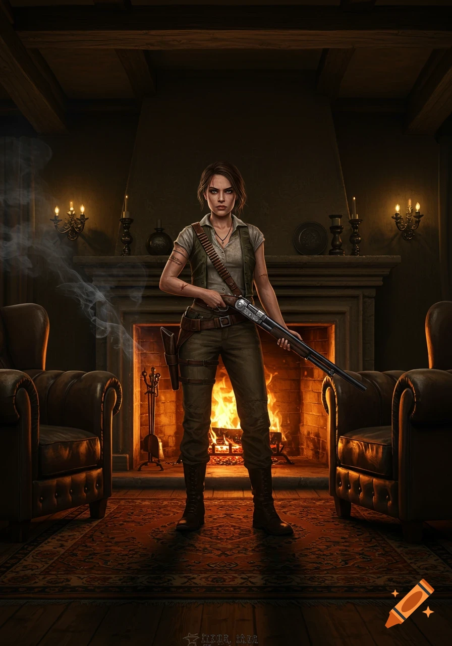 A detailed digital painting of a woman holding a shotgun in a dimly lit room with a roaring fireplace and armchairs.