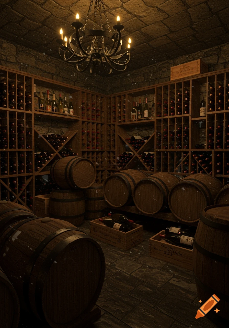 A dimly lit, rustic wine cellar with stone walls, wooden wine racks filled with bottles, and several large oak barrels on the floor.