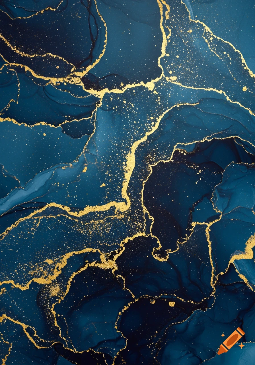 An abstract background of deep blue marble with swirling gold veins and gold speckles.