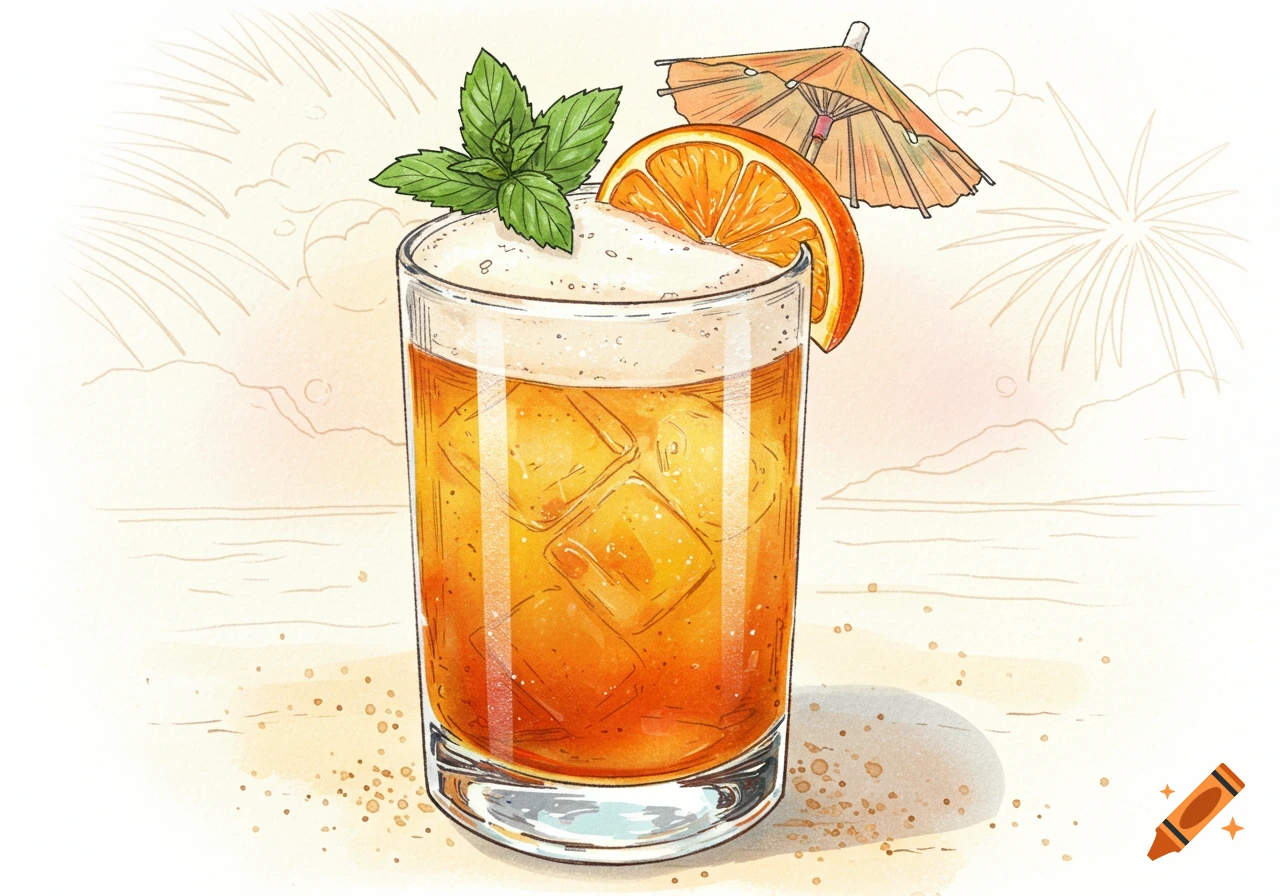 A watercolor drawing of a mai tai cocktail in a glass with ice, garnished with mint, an orange slice, and a paper umbrella on a beach.