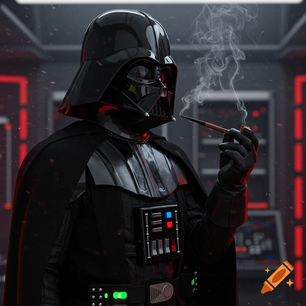 Darth Vader in his black armor and cape stands in a sci-fi setting, smoking a pipe with smoke curling upwards.