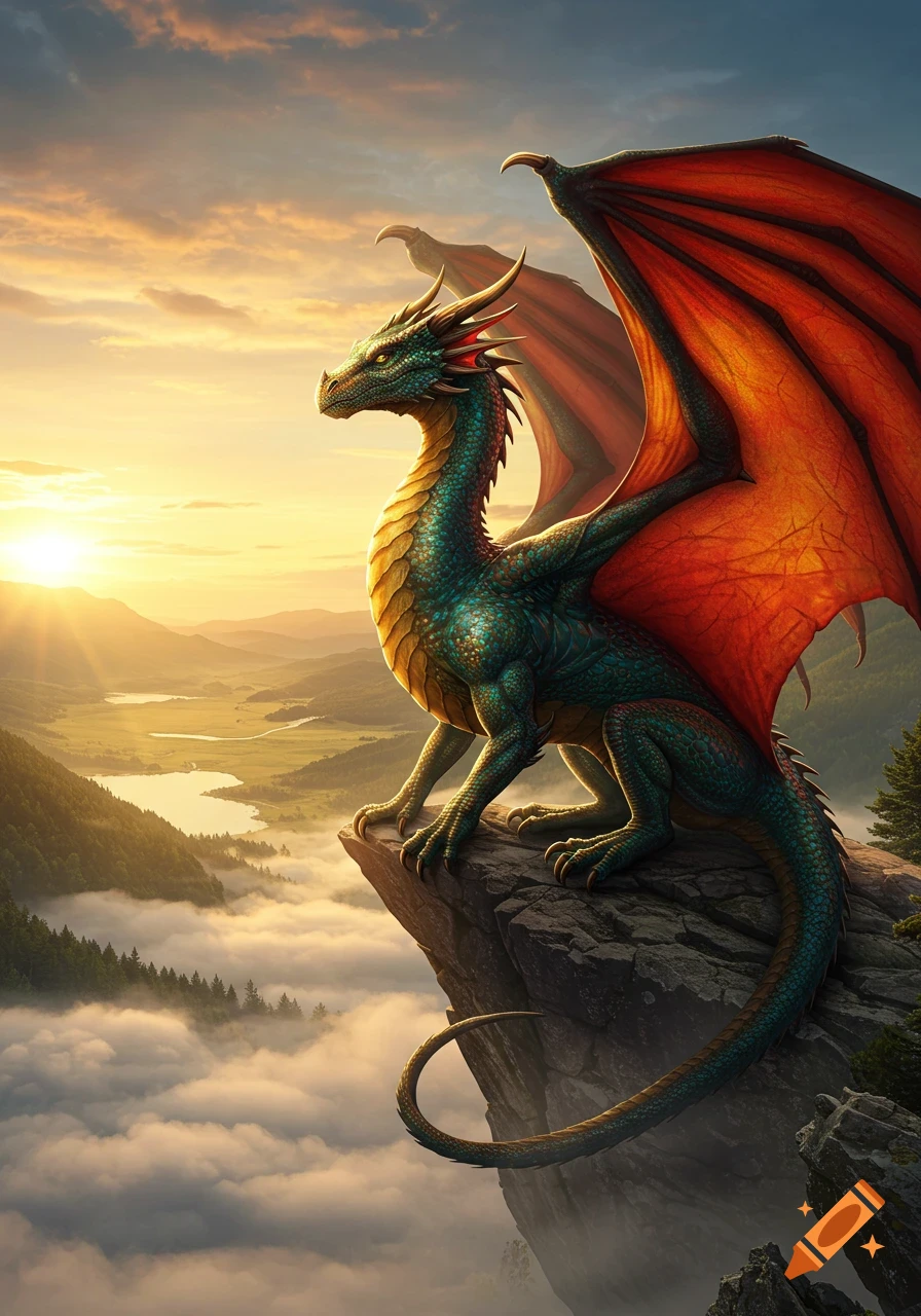 A majestic green and gold dragon with large orange wings perches on a cliff overlooking a misty mountain valley at sunset.